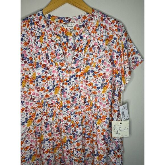 NWT Caffe Marrakesh Women's Floral Double Pocket Pintuck Short Sleeve Top Size M - Picture 2 of 9